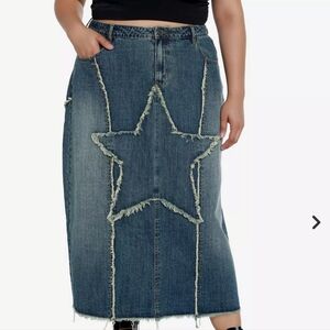 Hot Topic Social Collision Denim Maxi Skirt with Frayed Star And Hem